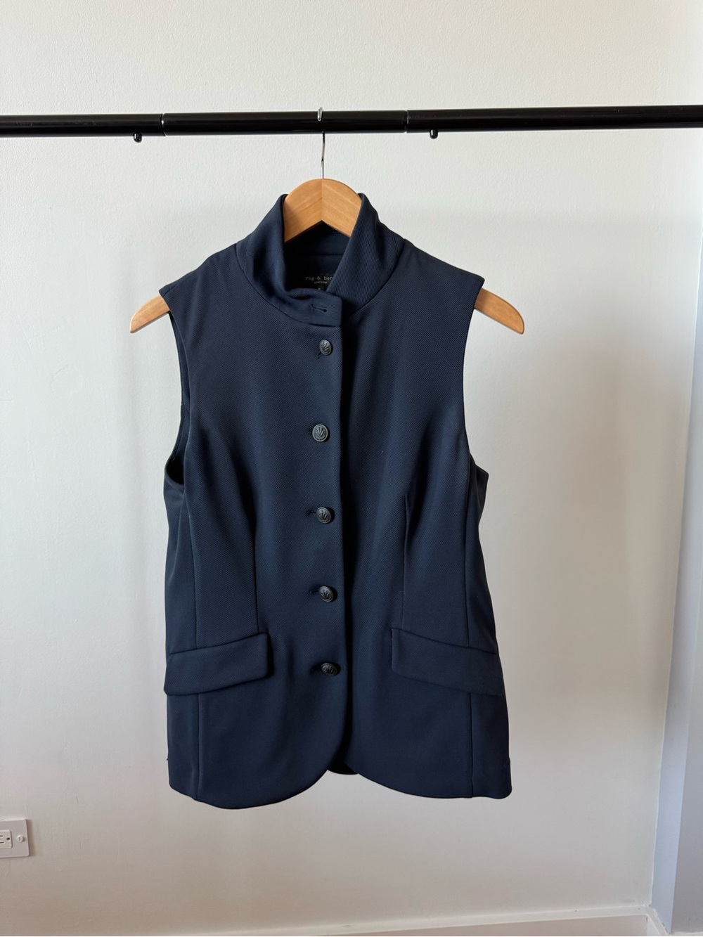 rag & bone Black Sleeveless Stand Collar Button Vest